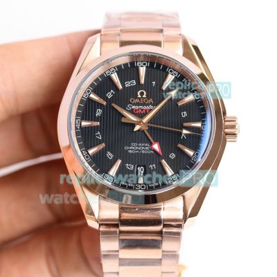 OE Replica Omega Seamaster Aqua Terra 150M GMT Black Dial Rose Gold Case Watch 43MM